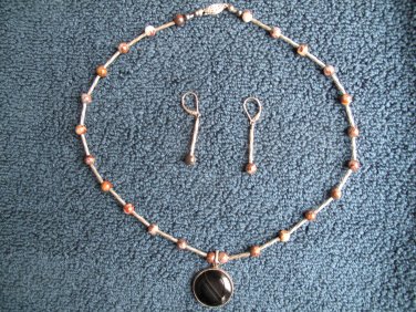 Jasper & Silver beaded necklace with Fancy Jasper Pendant & Earring set