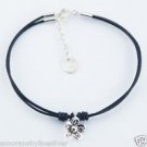Petite Sterling Silver Leather Flower Bracelet 925 Stamped Silver Clasp & Chain