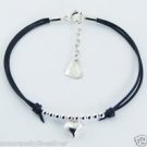 Petite Sterling Silver 925 Stamped Leather Bracelet String of Beads & Heart New
