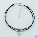 Petite Sterling Silver Leather Bracelet 925 Stamped Cross and Polyhedron Beads