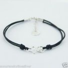 Petite Sterling Silver Leather Bracelet 925 Stamped Open Heart and Peace Symbol