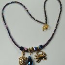 Seaside Purple Crystal Necklace with Metal Gold Tone Crab and Turtle Charm