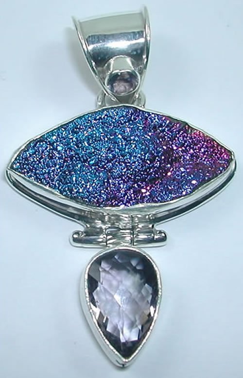 Midnight Blue Druzy and Purple Amethyst Pendant in Sterling Silver
