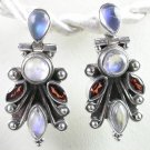 Red Garnet & White Moonstone Earrings in Sterling Silver