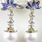 ornate White Pearl & Blue CZ Earrings