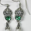 Green Quartz & White Pearl Earrings Sterling Silver