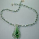 Green & White Floral Lampwork Pendant on Crystal and Bead Necklace