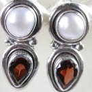 Red Garnet and White Pearl Earrings in Sterling Silver