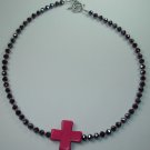 handcrafted Black Crystal Necklace with Shocking Pink Howlite Cross
