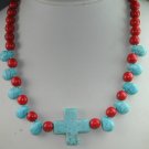 handcrafted Turquose and Red Howlite and Turquoise Cross Necklace