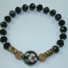 handcrafted Black Crystal Stretch Bracelet with Floral  Black and Pink Cloisonne Flower