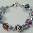 Lilac Red Blue Patterned & Floral Lampwork Bracelet with Blue Crystal