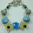 Turquoise & Beige Floral Lampwork with Blue Floral Polymer Clay Beads & Yellow Lucite