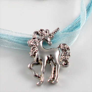 Silver Rhodium Unicorn with Roses Blue Ribbon Necklace
