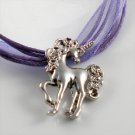 Silver Rhodium Unicorn with Roses Purple Ribbon Necklace