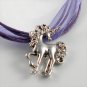 Silver Rhodium Unicorn with Roses Purple Ribbon Necklace