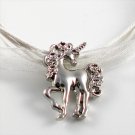 Silver Rhodium Unicorn with Roses White Ribbon Necklace