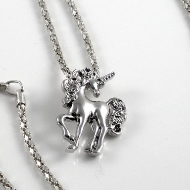 Silver Rhodium Unicorn with Roses White Necklace