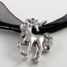 Silver Rhodium Unicorn with Roses Black Ribbon Necklace