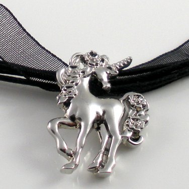 Silver Rhodium Unicorn with Roses Black Ribbon Necklace
