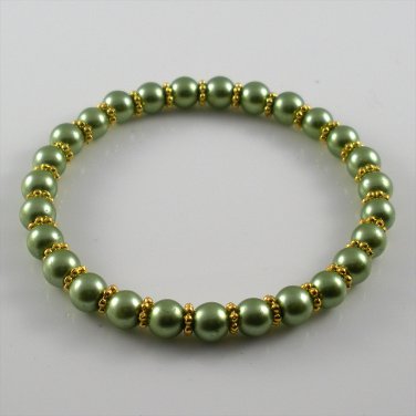 [48] [Gold] Kamala Glass Pearl Elastic Bracelet - Forest Green