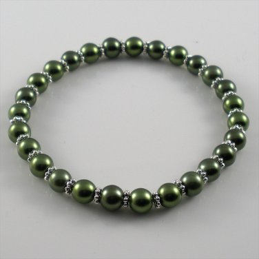 [50] [Silver] Kamala Glass Pearl Elastic Bracelet - Olive