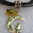 Black Ribbon Necklace ~ Sailor Moon Luna ~ Cat on a Crescent Moon Gold Star