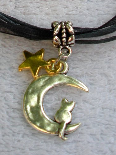 Black Ribbon Necklace ~ Sailor Moon Luna ~ Cat on a Crescent Moon Gold Star