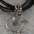 Black Ribbon Necklace ~ Sailor Moon Luna ~ Cat on a Crescent Moon Silver Star