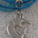 Blue Ribbon Necklace ~ Sailor Moon Luna ~ Cat on a Crescent Moon Silver Star