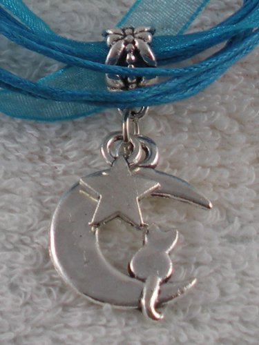 Blue Ribbon Necklace ~ Sailor Moon Luna ~ Cat on a Crescent Moon Silver Star