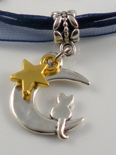 Dark Blue Ribbon Necklace ~ Sailor Moon Luna ~ Cat on a Crescent Moon Gold Star