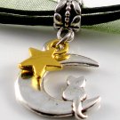 Dark Green Ribbon Necklace ~ Sailor Moon Luna ~ Cat on a Crescent Moon Gold Star