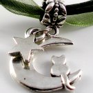 Dark Green Ribbon Necklace ~ Sailor Moon Luna ~ Cat on a Crescent Moon Silver Star