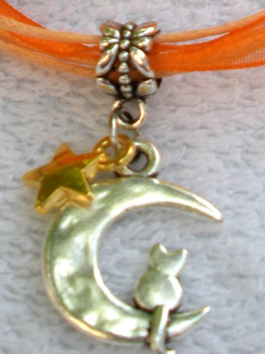 Orange Ribbon Necklace ~ Sailor Moon Luna ~ Cat on a Crescent Moon Gold Star