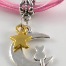 Pink Ribbon Necklace ~ Sailor Moon Luna ~ Cat on a Crescent Moon Gold Star
