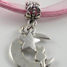 Pink Ribbon Necklace ~ Sailor Moon Luna ~ Cat on a Crescent Moon Silver Star