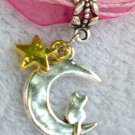 Dark Pink Ribbon Necklace ~ Sailor Moon Luna ~ Cat on a Crescent Moon Gold Star