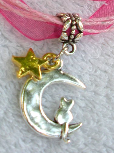 Dark Pink Ribbon Necklace ~ Sailor Moon Luna ~ Cat on a Crescent Moon Gold Star