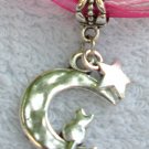 Dark Pink Ribbon Necklace ~ Sailor Moon Luna ~ Cat on a Crescent Moon Silver Star