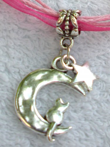 Dark Pink Ribbon Necklace ~ Sailor Moon Luna ~ Cat on a Crescent Moon Silver Star
