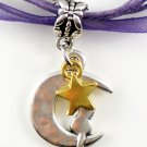 Dark Purple Ribbon Necklace ~ Sailor Moon Luna ~ Cat on a Crescent Moon Gold Star