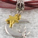 Dark Red Ribbon Necklace ~ Sailor Moon Luna ~ Cat on a Crescent Moon Gold Star