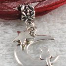 Dark Red Ribbon Necklace ~ Sailor Moon Luna ~ Cat on a Crescent Moon Silver Star