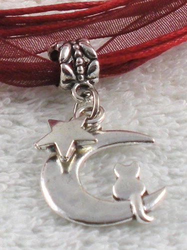 Dark Red Ribbon Necklace ~ Sailor Moon Luna ~ Cat on a Crescent Moon Silver Star
