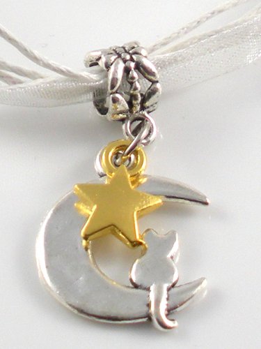 White Ribbon Necklace ~ Sailor Moon Luna ~ Cat on a Crescent Moon Gold Star