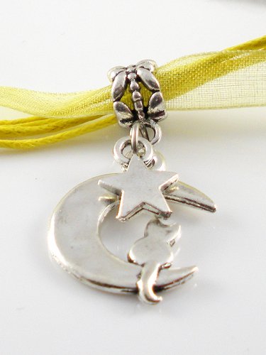 Yellow Ribbon Necklace ~ Sailor Moon Luna ~ Cat on a Crescent Moon Silver Star