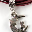 Maroon Ribbon Necklace ~ Sailor Moon Luna ~ Cat on a Crescent Moon Silver Star
