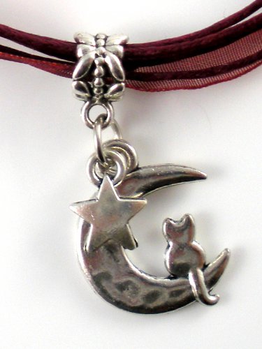 Maroon Ribbon Necklace ~ Sailor Moon Luna ~ Cat on a Crescent Moon Silver Star