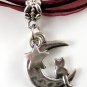 Maroon Ribbon Necklace ~ Sailor Moon Luna ~ Cat on a Crescent Moon Silver Star